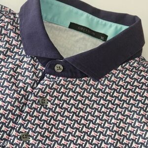 Greyson Mens XL Performance Polo Short Sleeve Dk Blue Pink White Geometr…